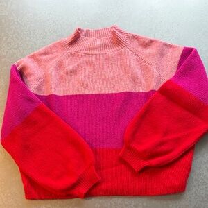 Aqua Pink and Red Colorblock Turtleneck Sweater